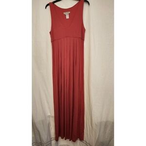 Karen Alexander Boston Proper Dress Womens 14 Coral Pleated Maxi V-Neck Made USA